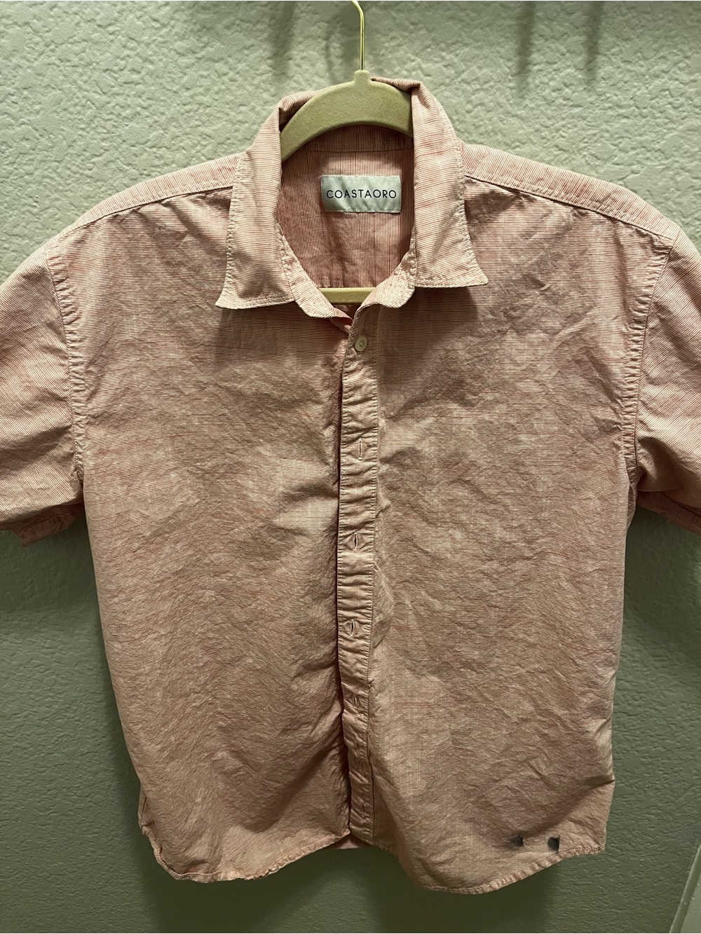 Coastaoro Mens Medium Pink White Micro Stripe Short Sleeve Button Up Shirt Flaw